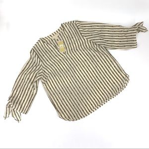 MICHAEL Michael Kors Chain Striped Bone and Gold 3/4 Tie Sleeve Blouse, Large